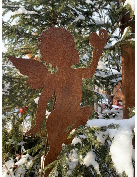 Gartenstecker für Weihnachten Engelchen Topfstecker mit Herz, Höhe 60 cm auf 45 cm Stab 
Höhe 60 cm, Breite 38 cm
Stab gebogen