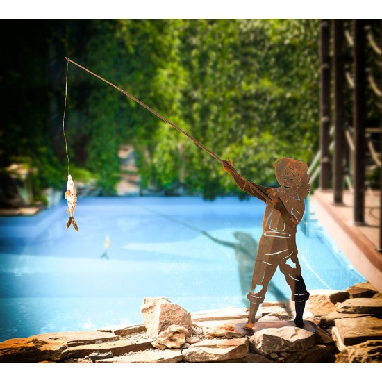 Angler Figur aus Metall - Tom inklusive Glasfisch - Höhe 173 cm