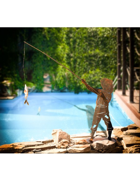 Angler Figur aus Metall - Tom inklusive Glasfisch - Höhe 173 cm