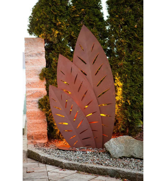 Skulpturen - Rostsäulen und Stelen Sichtschutz - 3 Palmenwedel - Höhe 180 cm - Palmwedel Skulptur Metall Eine gigantische Edelro