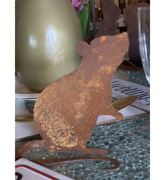 Gartendeko Rost Kleine Deko Maus aus Metall -  mit gebogenem Schwanz 