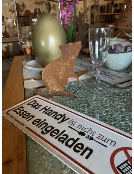 Gartendeko Rost Kleine Deko Maus aus Metall -  mit gebogenem Schwanz 