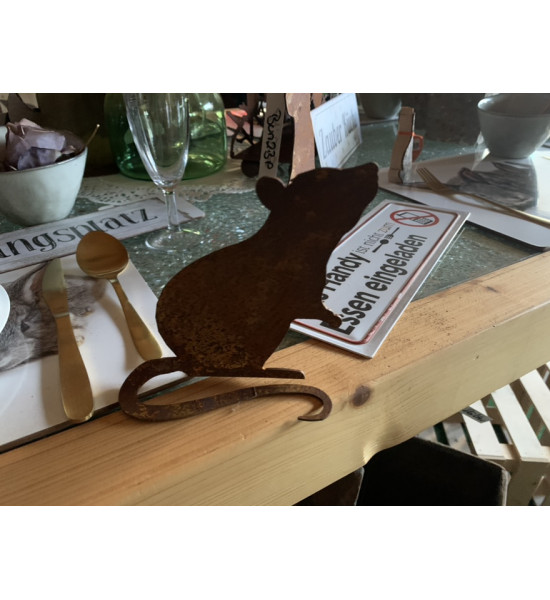Gartendeko Rost Kleine Deko Maus aus Metall -  mit gebogenem Schwanz 