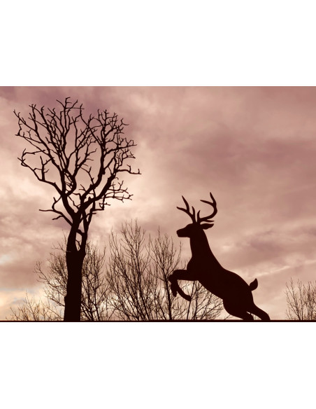 rostige Deko Hirsche und Rehe Springender Hirsch auf Standplatte - 115 cm hoch 
Höhe 115cm
Breite 70cm
