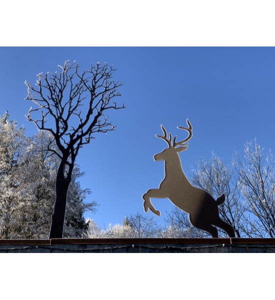 rostige Deko Hirsche und Rehe Springender Hirsch auf Standplatte - 115 cm hoch 
Höhe 115cm
Breite 70cm
