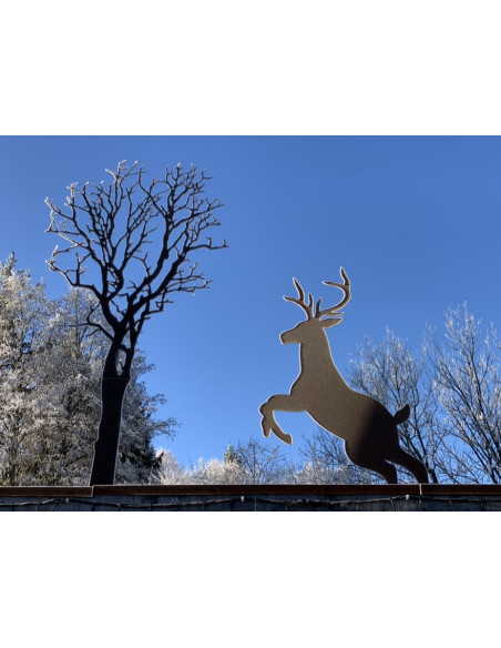 rostige Deko Hirsche und Rehe Springender Hirsch auf Standplatte - 115 cm hoch 
Höhe 115cm
Breite 70cm
