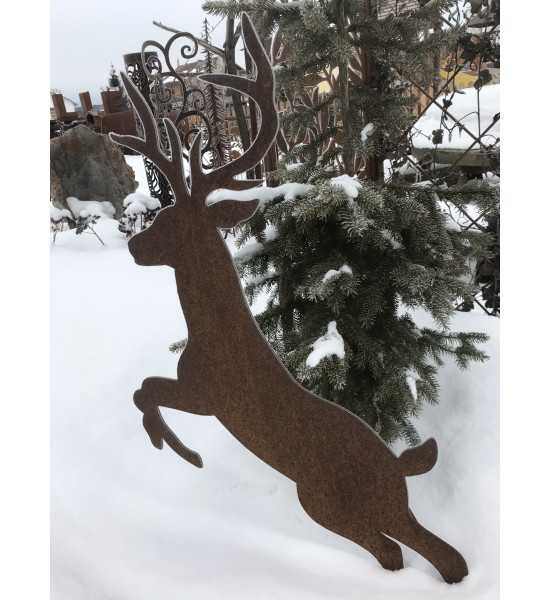 rostige Deko Hirsche und Rehe Springender Hirsch auf Standplatte - 115 cm hoch 
Höhe 115cm
Breite 70cm
