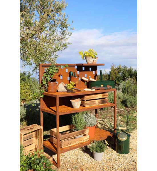 Gartendeko Rost Metall Pflanztisch mit Rückwand - Regalbrett - 2 Ablagen - Arbeitsbreite 95 cm 