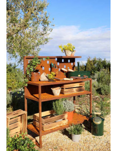 Gartendeko Rost Pflanztisch Metall mit Rückwand - Regalbrett - 2 Ablagen - Arbeitsbreite 95 cm - wetterfest Massiver Premium Pfl 2