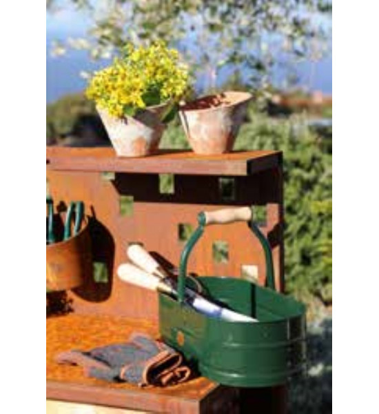 Gartendeko Rost Metall Pflanztisch mit Rückwand - Regalbrett - 2 Ablagen - Arbeitsbreite 95 cm Massiver Pflanztisch mit Stahlrah