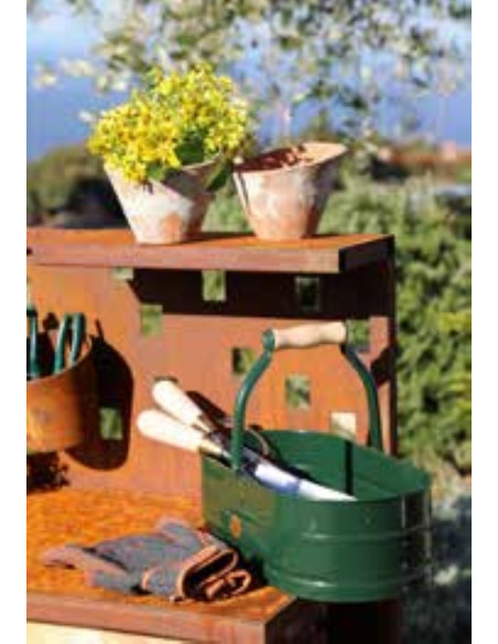 Gartendeko Rost Metall Pflanztisch mit Rückwand - Regalbrett - 2 Ablagen - Arbeitsbreite 95 cm Massiver Pflanztisch mit Stahlrah