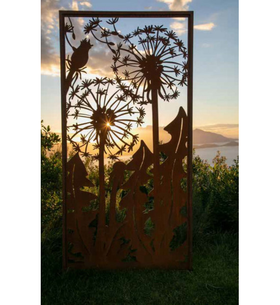 Pusteblumen Designer Pusteblumen Sichtschutzwand Metall Rost - 200 cm hoch - Pusteblumen im Wind liebevoll designte Pusteblumen 
