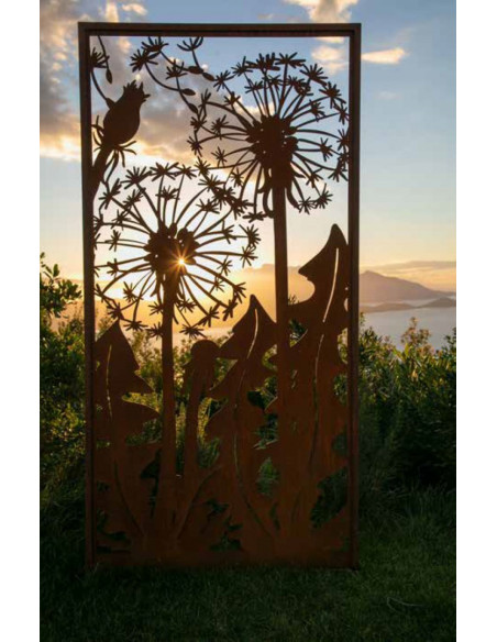 Pusteblumen Designer Pusteblumen Sichtschutzwand Metall Rost - 200 cm hoch - Pusteblumen im Wind liebevoll designte Pusteblumen 