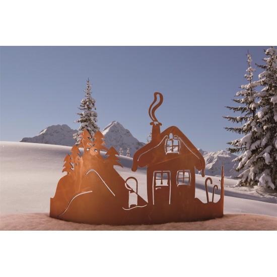 Weihnachtsdeko Aussen Edelrost Schneehütte gebogen, Höhe 25 cm, Breite 35 cm Edelrost-Aufsteller für Innen und Außen mit romanti