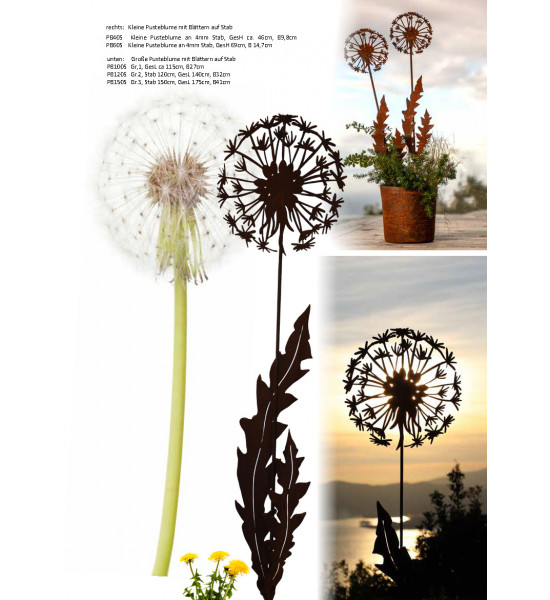 Gartenstecker Große Deko Pusteblume mit Blättern auf Gartenstecker - 150 cm 
Stab 150 cm
Gesamtlänge 175 cm
Breite 41 cm
Blü