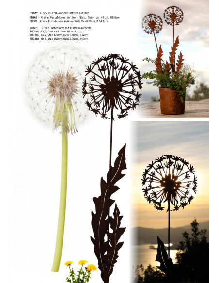 Gartenstecker Große Deko Pusteblume mit Blättern auf Gartenstecker - 150 cm 
Stab 150 cm
Gesamtlänge 175 cm
Breite 41 cm
Blü