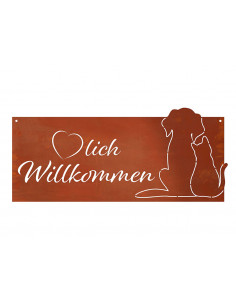 Tierisches Rostschild mit Hund und Katze - Herzlich Willkommen - Breite 51 cm