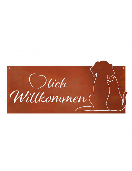 Tierisches Rostschild mit Hund und Katze - Herzlich Willkommen - Breite 51 cm
