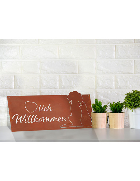 Tierisches Rostschild mit Hund und Katze - Herzlich Willkommen - Breite 51 cm