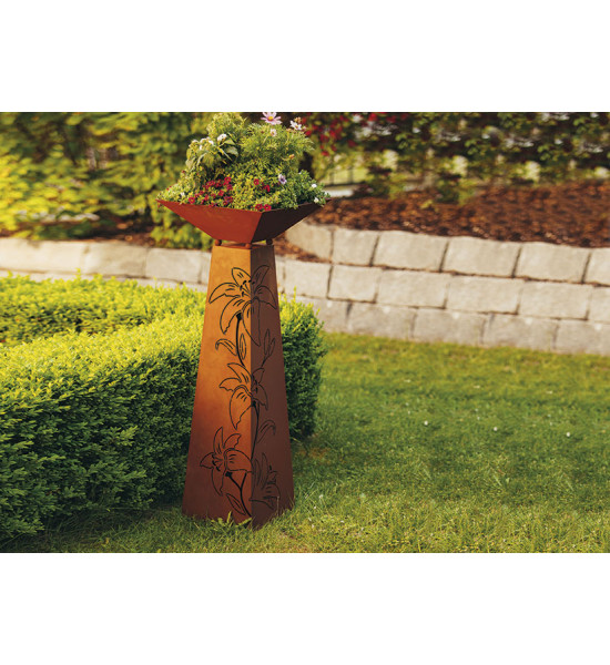 Rostsäule Trapez  mit Lilienmuster - 116,5 cm inkl. Pflanzschale