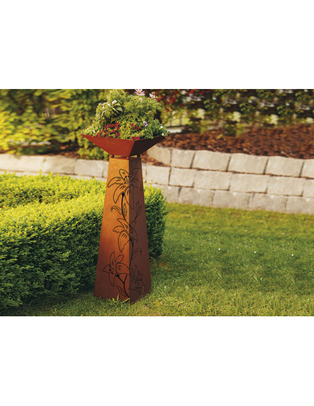 Rostsäule Trapez  mit Lilienmuster - 116,5 cm inkl. Pflanzschale Rostsäule Trapez  mit Lilienmuster - 116,5 cm inkl. Pflanzschale