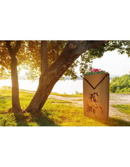Rostsäule mit Pferde Motiv - Inklusive Dreiecks-Schale - Höhe 104 cm