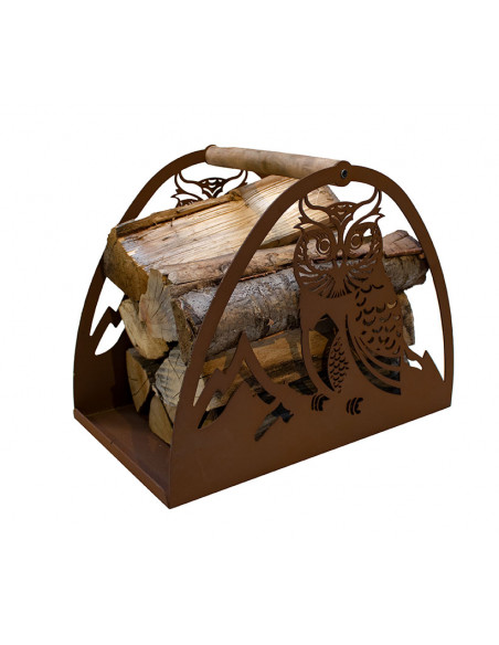 Eulen Holztrage aus Edelrost mit Holzgriff - Höhe 35 cm