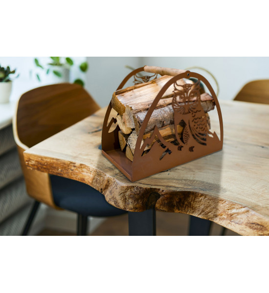 Eulen Holztrage aus Edelrost mit Holzgriff - Höhe 35 cm