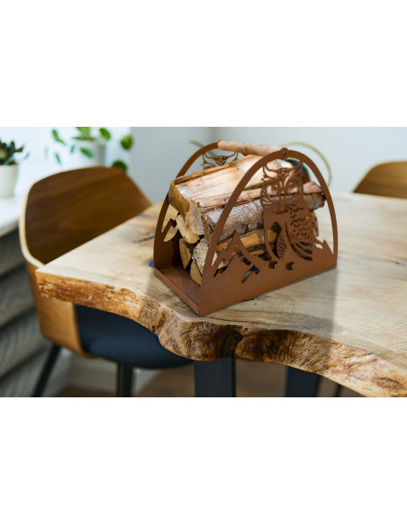 Eulen Holztrage aus Edelrost mit Holzgriff - Höhe 35 cm