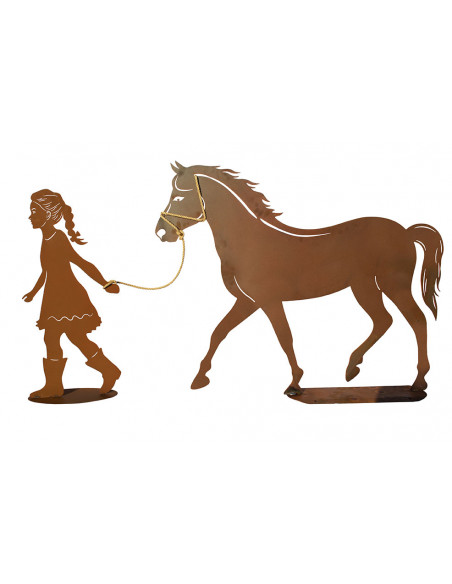 Edelrost Mädchen mit Pferd an Seil - Gesamtbreite 170 cm