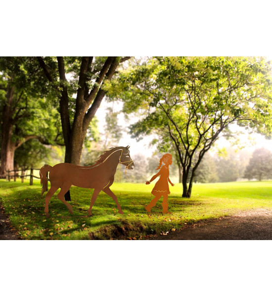 Edelrost Mädchen mit Pferd an Seil - Gesamtbreite 170 cm