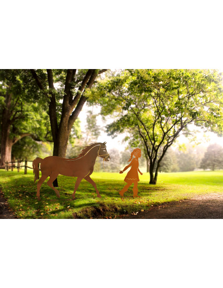 Edelrost Mädchen mit Pferd an Seil - Gesamtbreite 170 cm