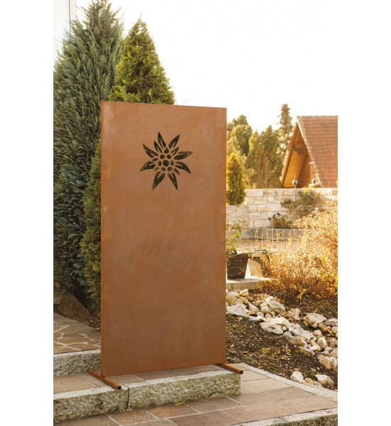 Trennwand und Sichtschutzzaun Metall 180 cm hoch Sichtschutzwand Edelweis - Höhe 180 cm - Trennwand Metall 
Edelrost Sichtschut