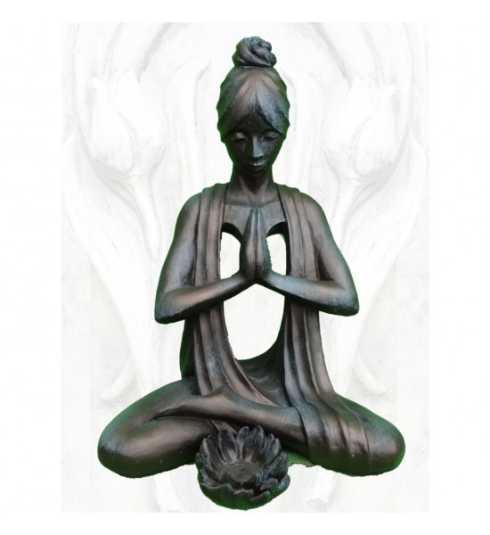 Stein mit Rostoptik / Steinguss Steinfigur Yoga meditierend mit Manipur - Solarplexuschakra  - Höhe 61 cm - Bronze Effekt 
Höhe