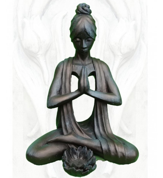 Stein mit Rostoptik / Steinguss Steinfigur Yoga meditierend mit Manipur - Solarplexuschakra  - Höhe 61 cm - Bronze Effekt 
Höhe