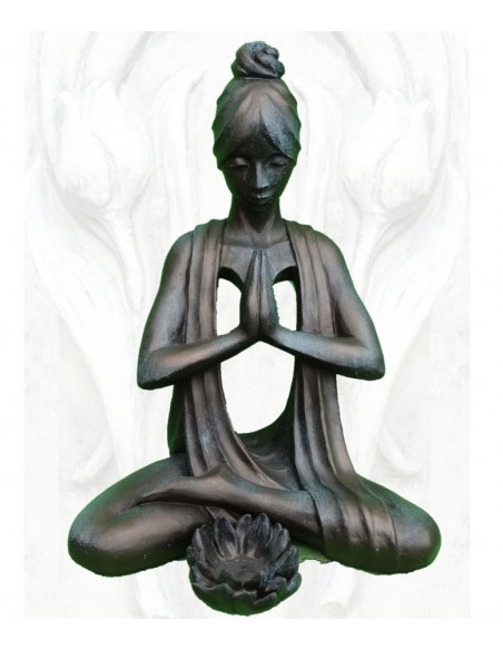 Stein mit Rostoptik / Steinguss Steinfigur Yoga meditierend mit Manipur - Solarplexuschakra  - Höhe 61 cm - Bronze Effekt 
Höhe