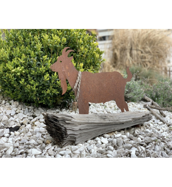 Allgäu Deko Edelrost Ziege mit Glocke 62 cm  - groß mit Querstangen schöne große Ziege inkl. Glocke auf 2 Querstangen als Standf