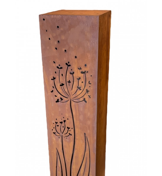 Rechteckige Säulen Rostsäule eckig - Allium im Wind - Höhe 110 cm - 22 x 22 cm - Pusteblume Stele Allium Pusteblume im Wind als