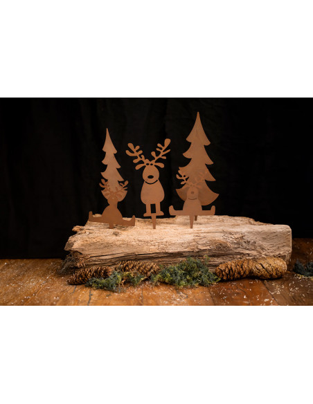 Lustige Winterlandschaft zum Stecken - 3 Elche und 2 Bäume aus Metall
