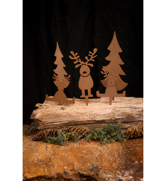 Lustige Winterlandschaft zum Stecken - 3 Elche und 2 Bäume aus Metall