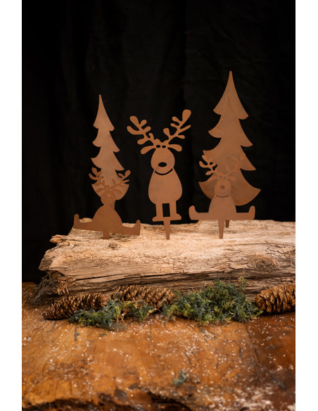Lustige Winterlandschaft zum Stecken - 3 Elche und 2 Bäume aus Metall