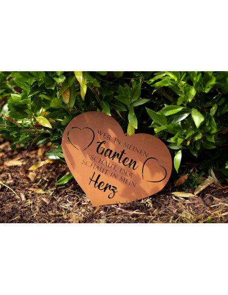 Spruchtafel in Herzform - Wer in meinen Garten schaut, der schaut in mein Herz -  Breite 60 cm