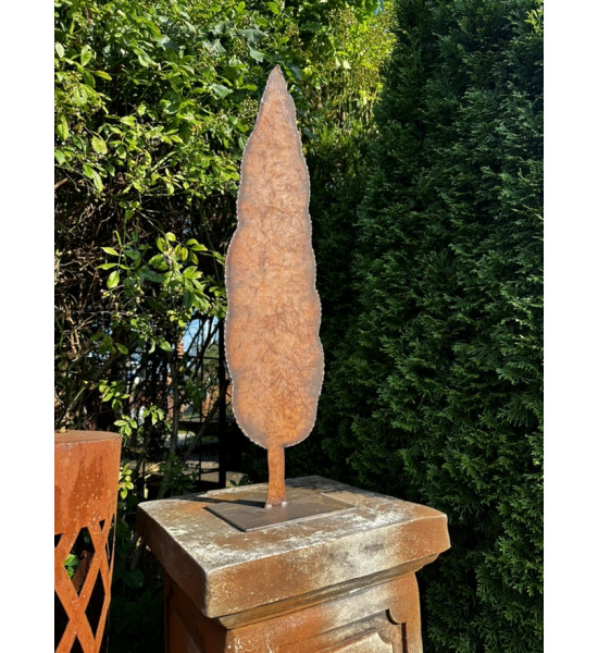 Bäume Edelrost Zypresse mit Schweißrand auf Platte Höhe 80 cm Gr L 
Höhe 80 cm
Baum ca. 20 cm breit
aus massivem 2 mm starkem