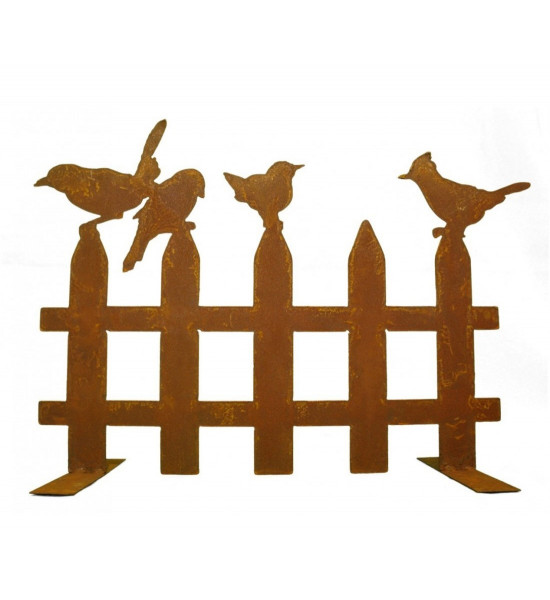 Vogel Deko Edelrost Vogelzaun mit 4 Vögelchen 60 cm breit auf Platte - Mittel 

Hübscher rostiger Vogelzaun verwendbar z.B. al