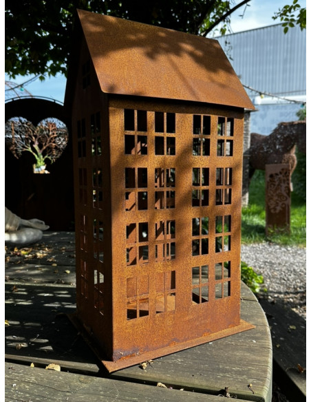 Grosse Windlichter Laternen für Draussen Edelrost Lichthaus eckig mit Boden - Höhe x Breite: 63 x 22 cm Großes Edelrost Lichthau