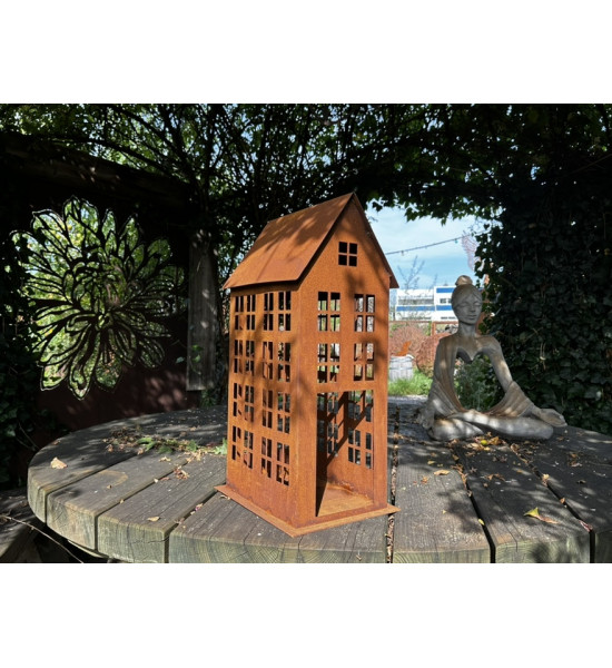 Grosse Windlichter Laternen für Draussen Edelrost Lichthaus eckig mit Boden - Höhe x Breite: 63 x 22 cm Großes Edelrost Lichthau