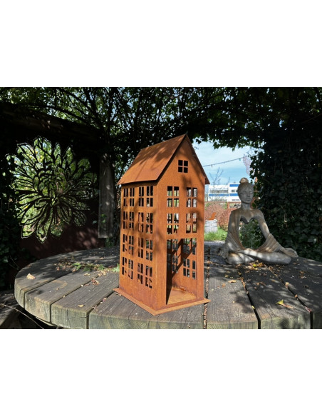 Grosse Windlichter Laternen für Draussen Edelrost Lichthaus eckig mit Boden - Höhe x Breite: 63 x 22 cm Großes Edelrost Lichthau