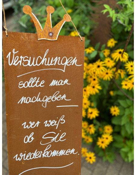 rostige Spruchtafeln Versuchungen sollte man nachgeben, wer weiß, ob Sie wieder kommen? Rostschild mit Spuch 

Rostschild Maße