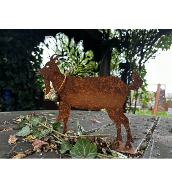 Allgäu Deko Edelrost Ziege mit Glocke 30 cm  - rostige Gaiß schöne Ziege inkl. Glocke auf Platte als Tischdeko, oder für Fenster