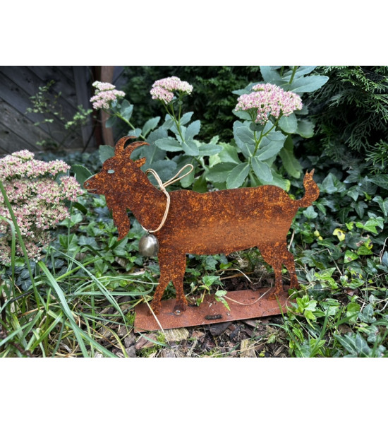 Allgäu Deko Edelrost Ziege mit Glocke 30 cm  - rostige Gaiß schöne Ziege inkl. Glocke auf Platte als Tischdeko, oder für Fenster